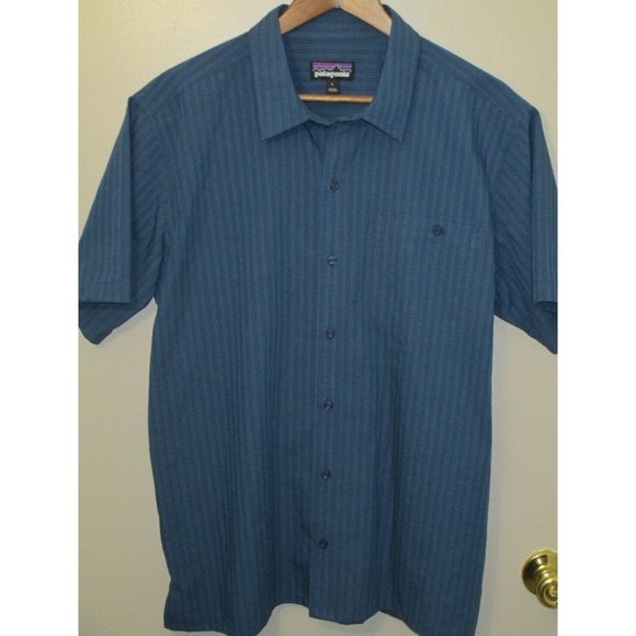 Patagonia Striped Pattern Men's Dark Blue Button Front Pocket Shirt L - Picture 1 of 6